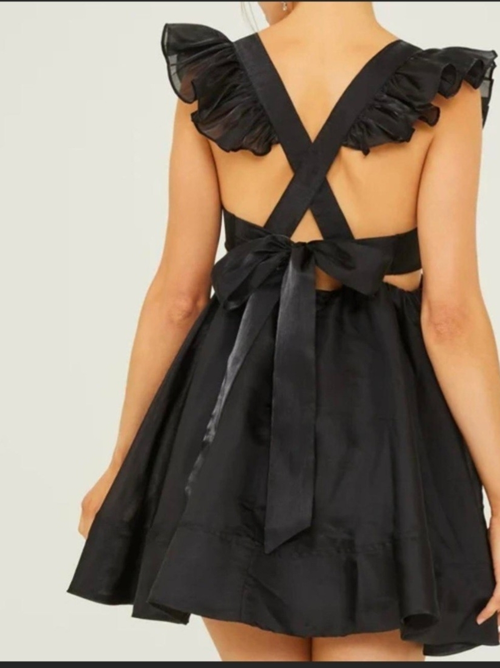 Altar'd State Black Ruffle-Shoulder Open-Back Mini Dress